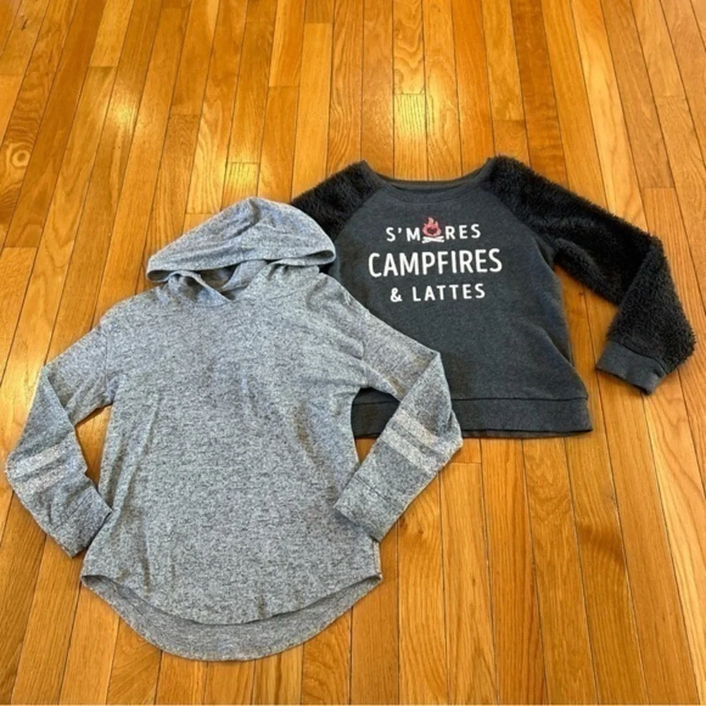 Lot of 2 Justice Sweatshirts Size 8 Gray Fuzzy Glitter S’mores Campfire Lattes